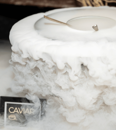 Caviar et nuage de neige carbonique, L'Ardoise Traiteur anniversaire Essonne